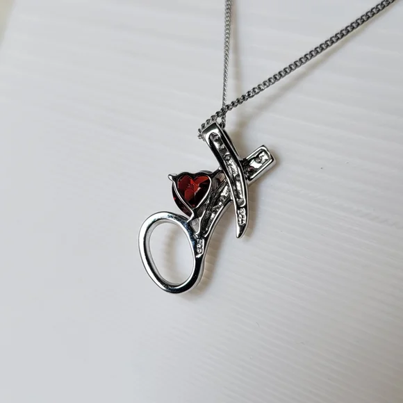 Genuine Diamonds and Garnet Pendant Sterling Silver Necklace 18" - Picture 6 of 9